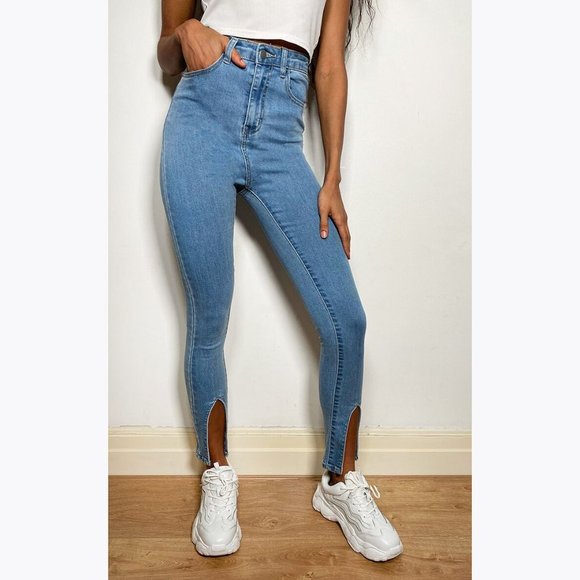 085 PRETTYLITTLETHING High Waisted Front Split Hem Skinny Jeans sz 8 - Picture 4 of 10